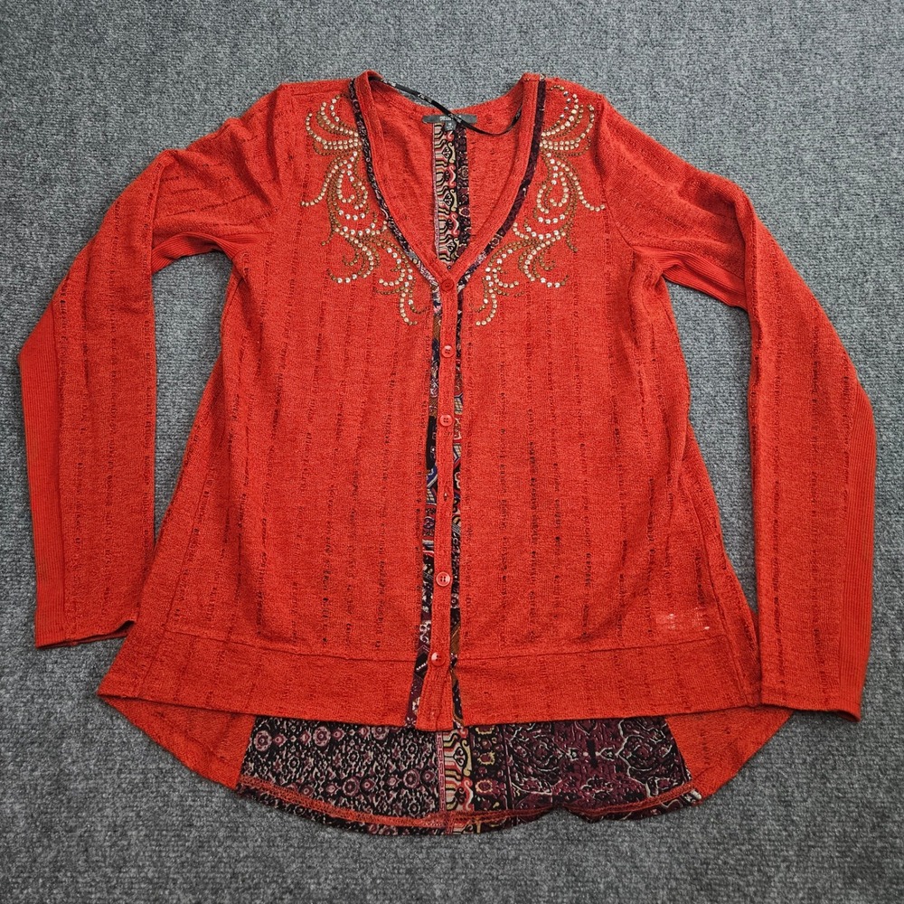 Miss Me Cardigan Top Size M Orange Textured Boho Layered Hem Embroidered Trim